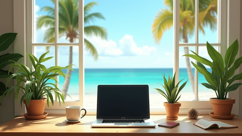 Tropical workspace with a laptop, coffee mug, and passport near a window overlooking palm trees and the sea.